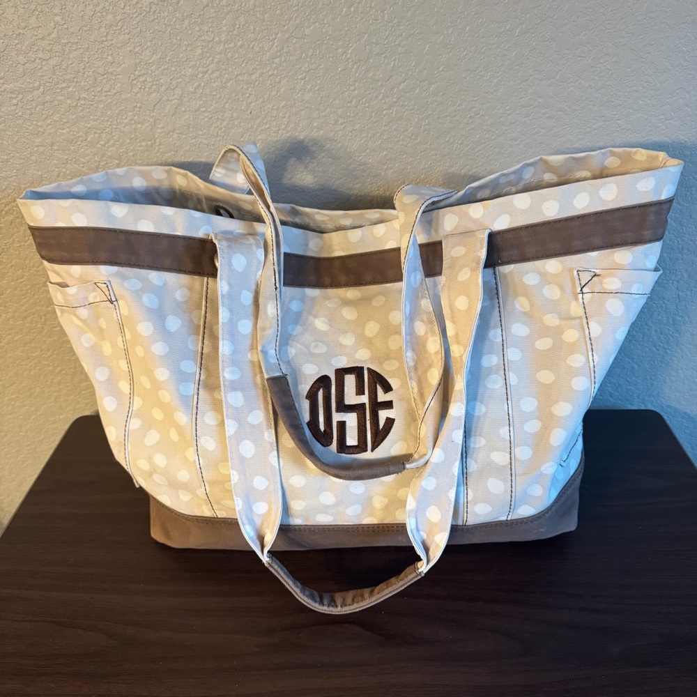 Thirty-One Canvas Utility Tote Bag Cream Brown Polka Dot Monogrammed OSG Large